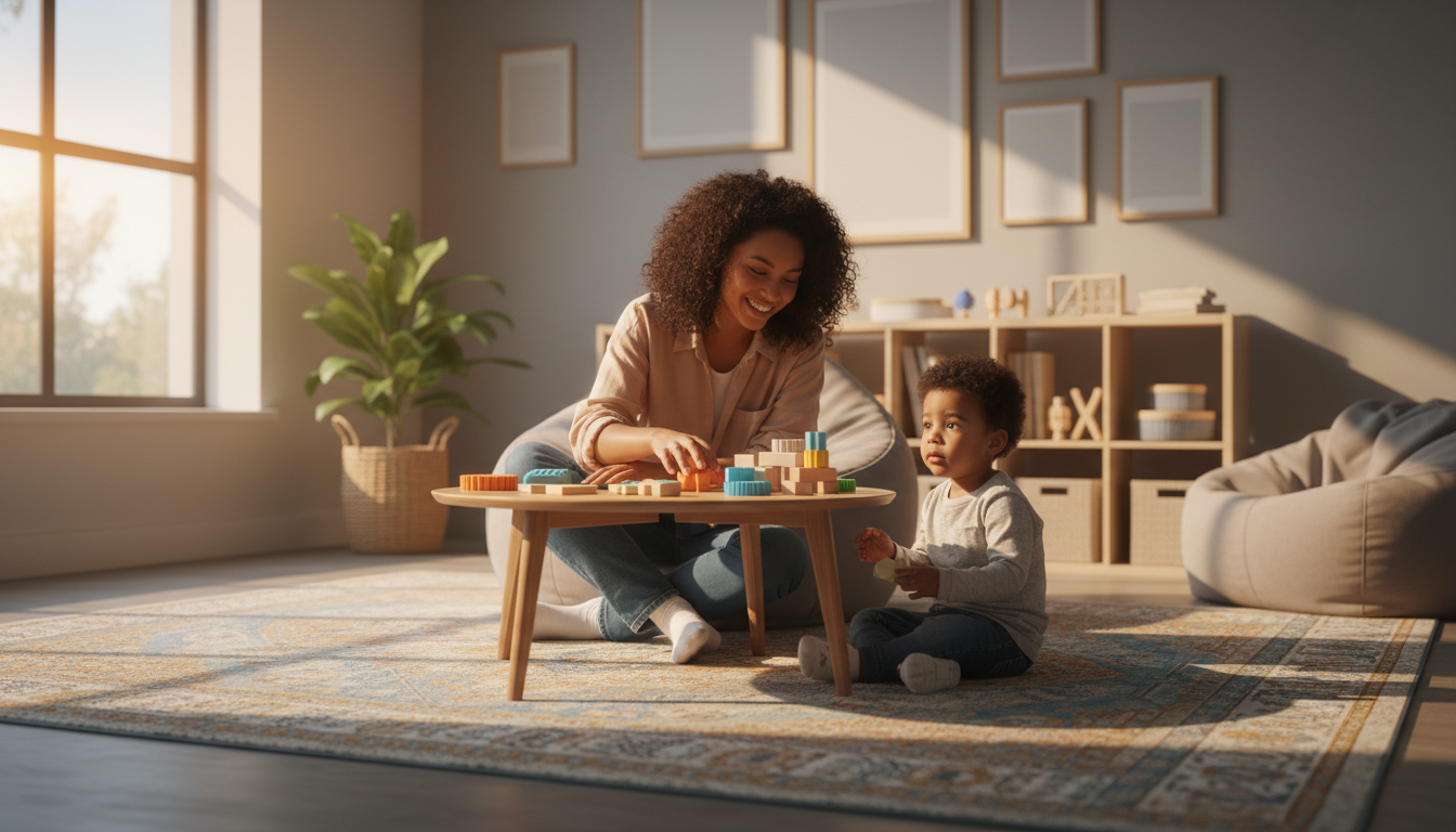 A Importância do Diagnóstico Preciso na Neuropsicologia Infantil 3 importância diagnóstico preciso — A modern therapy session room with a child and therapist, soft natural lighting, educational setting
