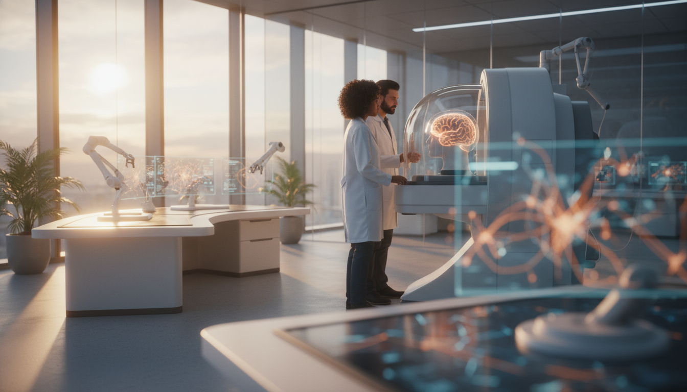 A Importância do Diagnóstico Preciso na Neuropsicologia Infantil 4 A futuristic laboratory with advanced neuroimaging equipment, bright lighting, professional setting
