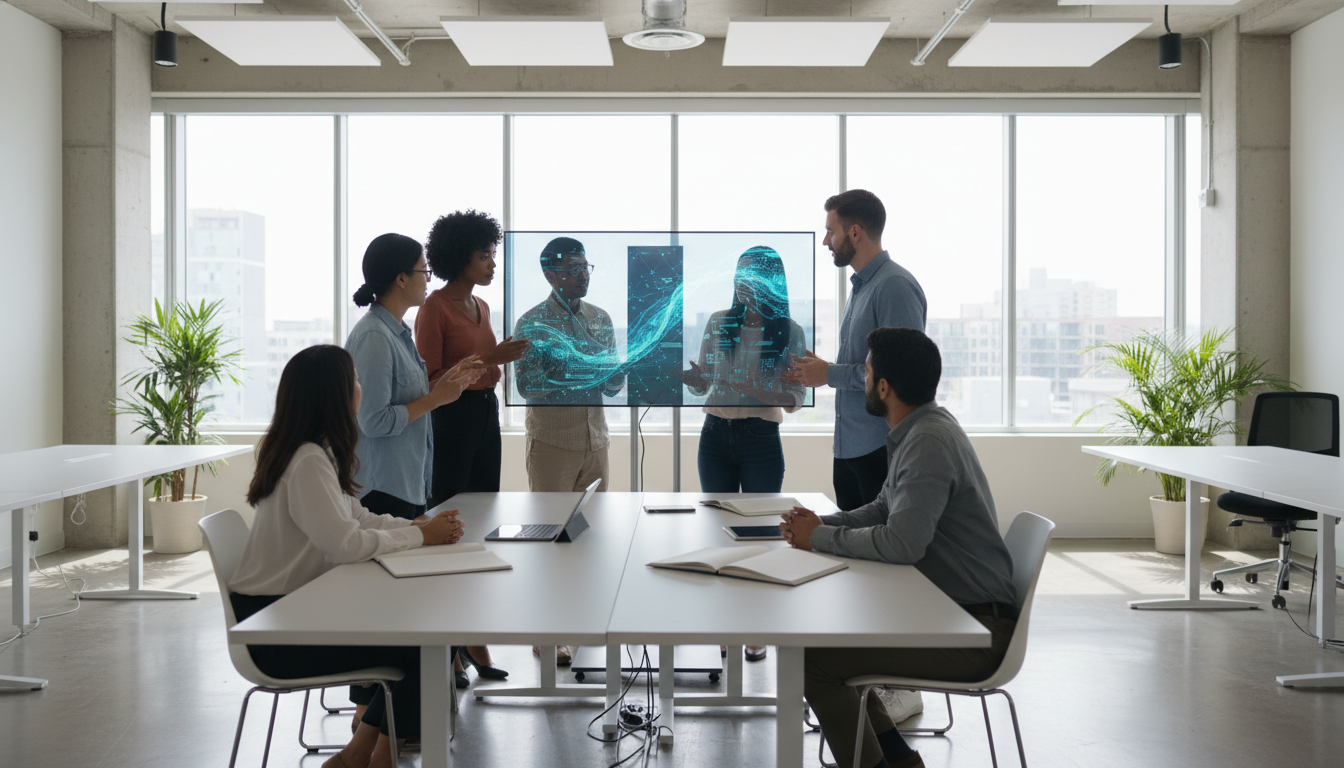 Inteligência Artificial Está Mudando a Psicologia 5 A diverse group of professionals discussing AI data on a large screen in a modern office setting