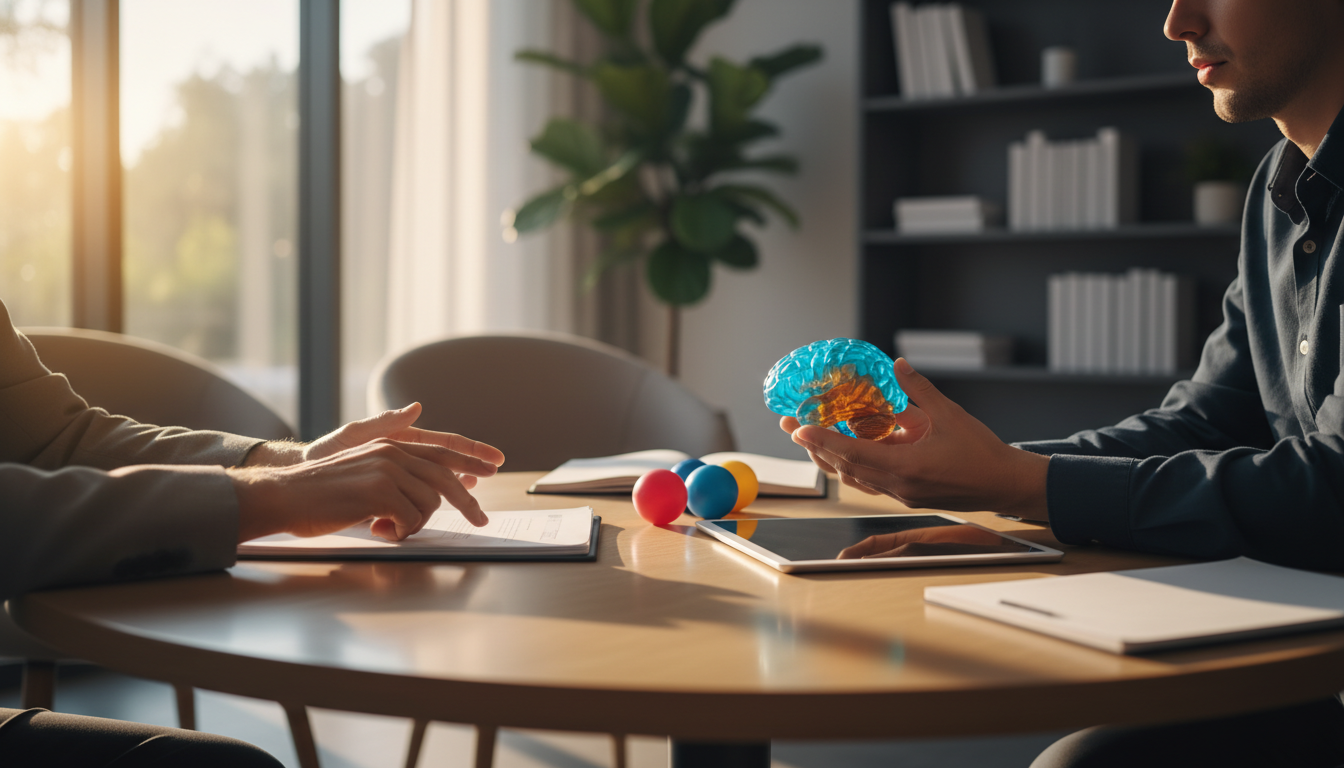 neuropsicologia pode ajudar — A modern clinic with a patient and a neuropsychologist discussing treatment plans, natural lighting, professional photography style