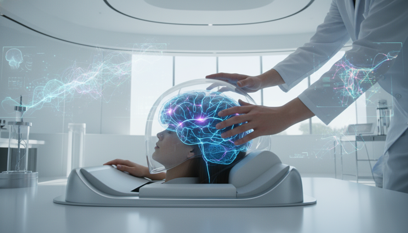 A high-tech brain scan showing detailed neural activity, futuristic design, professional photography style