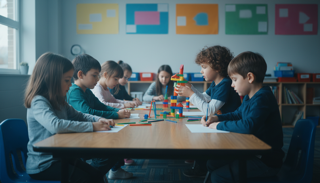 A Importância da Saúde Mental Infantil: O Que Mudou em Nossa Abordagem 4 importância saúde mental — A classroom with children engaged in a group activity, colorful educational posters on the walls, bright natural lighting