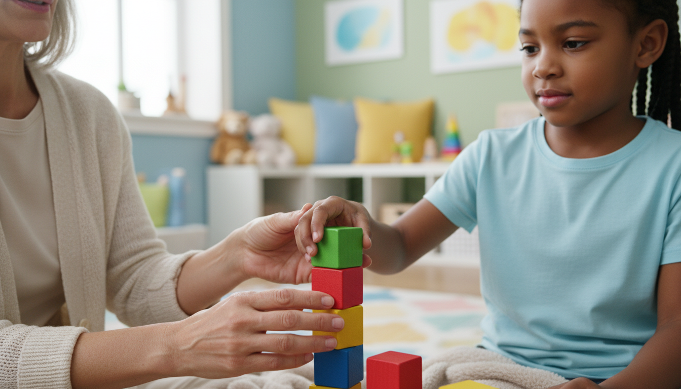 A Importância da Saúde Mental Infantil: O Que Mudou em Nossa Abordagem 6 A child in a therapy session with a psychologist, colorful and welcoming room, emphasis on a nurturing environment