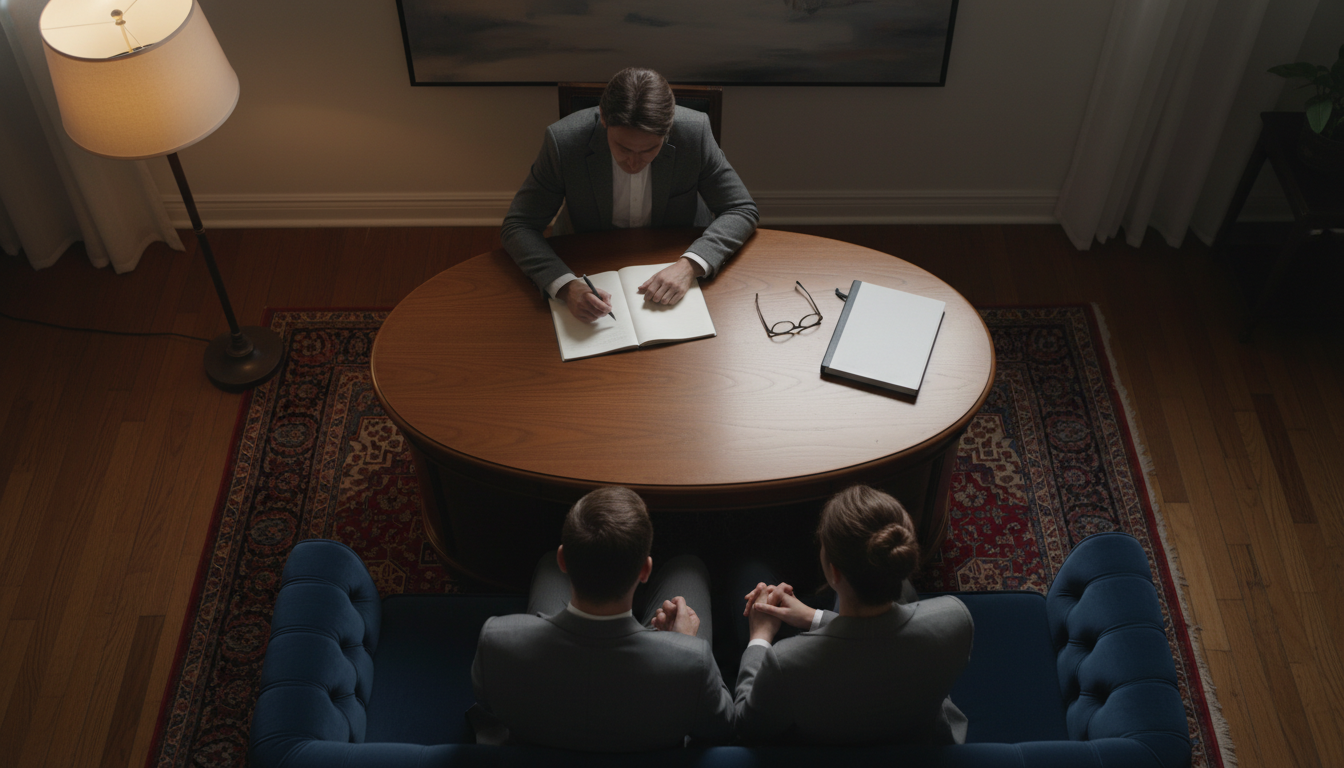 Crise no Relacionamento: Como a Terapia Pode Ajudar 3 crise relacionamento terapia — A couple sitting on a therapist's couch, engaged in a serious discussion, with the therapist taking notes, professional setting, warm lighting