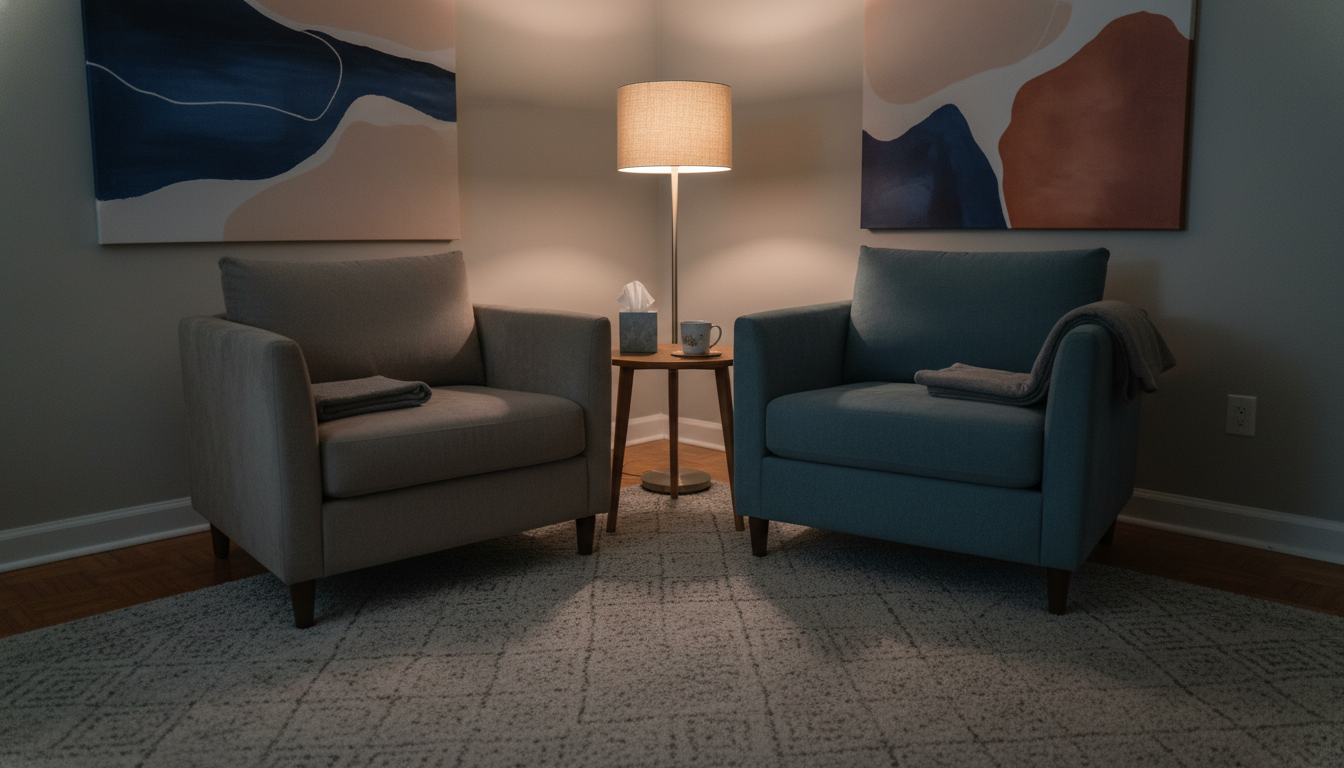 Crise no Relacionamento: Como a Terapia Pode Ajudar 4 A cozy therapy room with comfortable chairs, a small table with a box of tissues, and calming artwork on the walls, inviting atmosphere