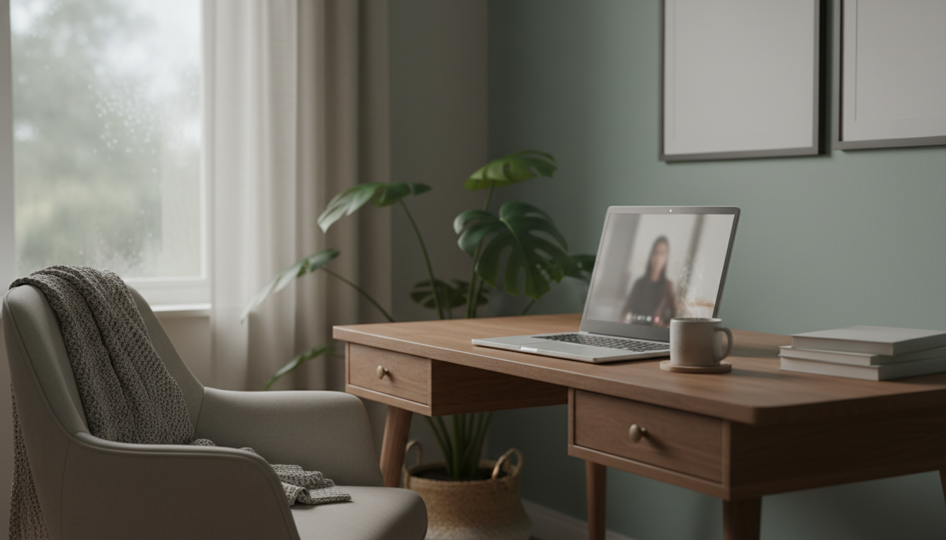 Telemedicina Psicológica: Transformando o Atendimento em Saúde Mental 3 telemedicina psicológica — A professional therapist conducting a virtual session with a patient via a laptop, warm and inviting home office setting