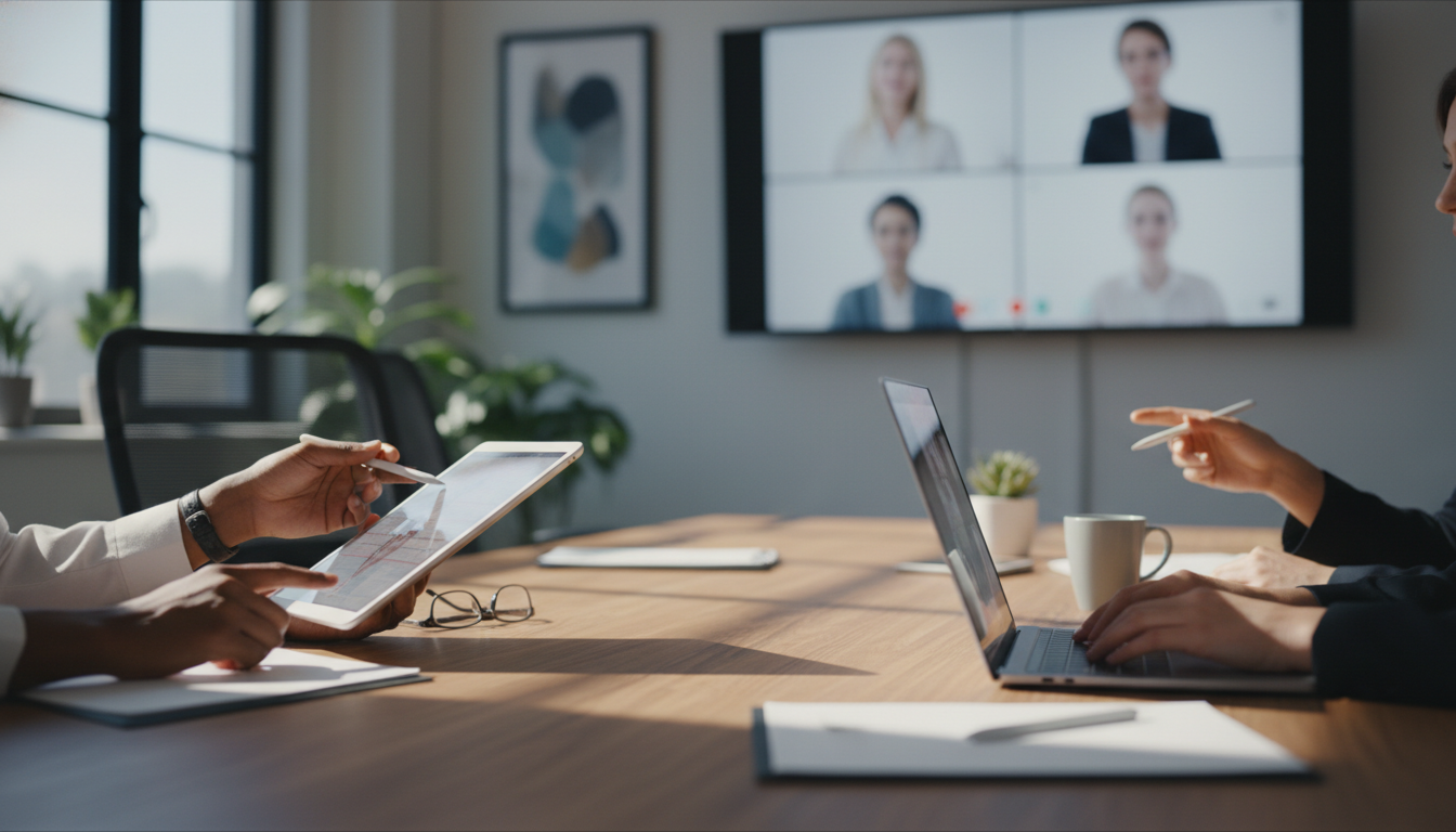 Telemedicina Psicológica: Transformando o Atendimento em Saúde Mental 4 A diverse group of healthcare professionals in a virtual meeting discussing patient care, modern office setting