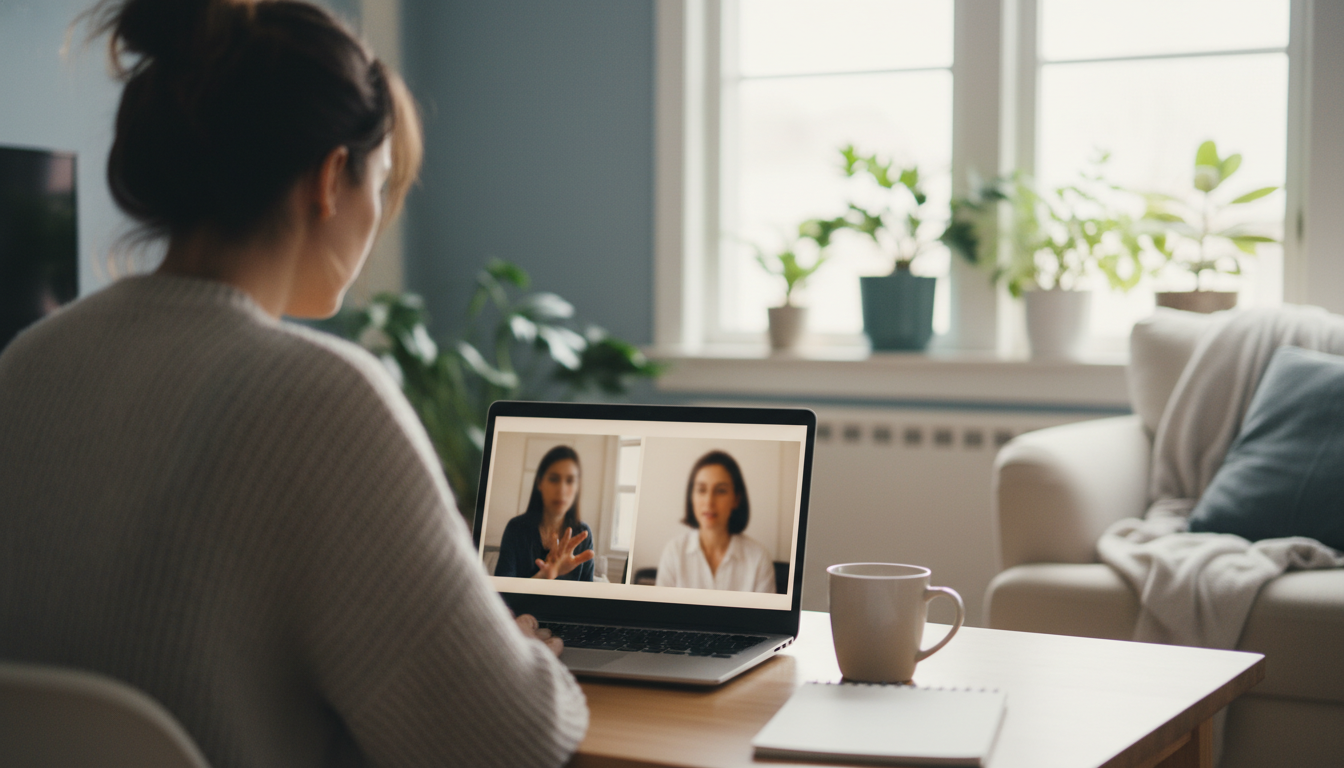A digital therapy session on a laptop, showing a therapist and client communicating, modern technology setting, bright and inviting atmosphere