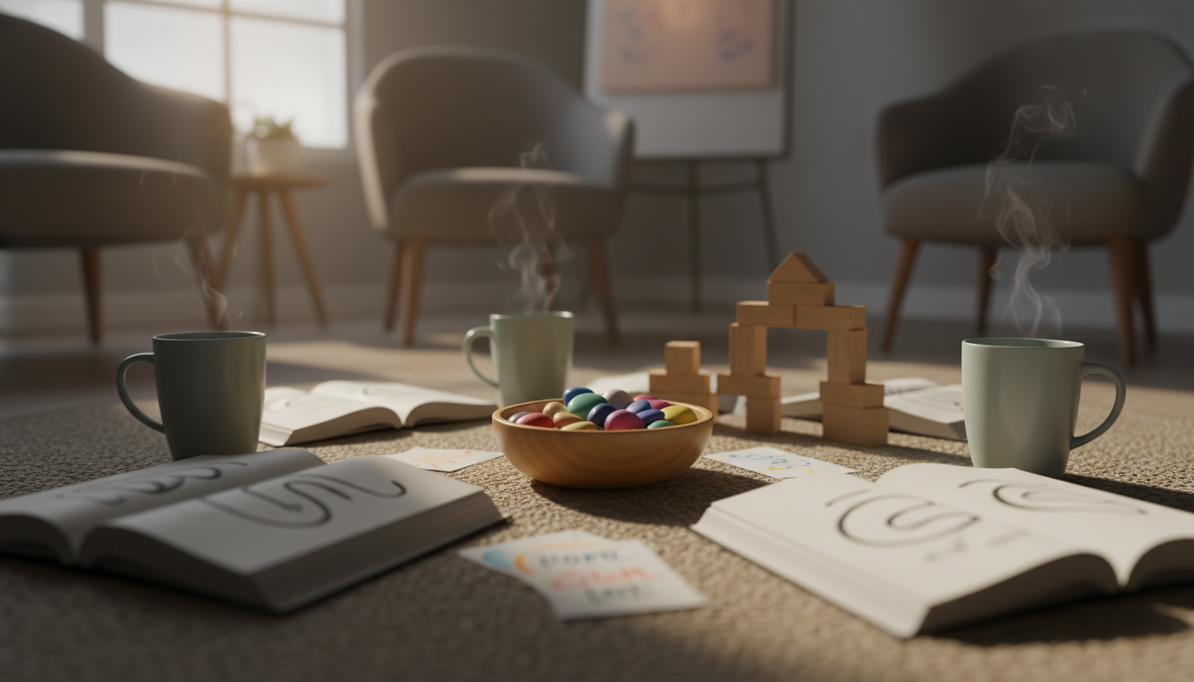 A diverse group of people in a therapy session, engaging in positive psychology exercises, bright and inviting atmosphere