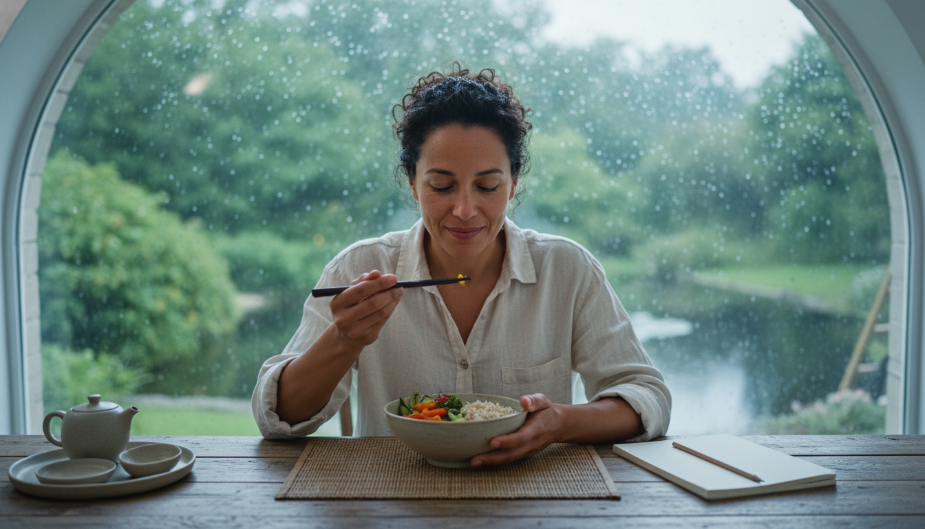 mindfulness e nutrição — A serene setting with a person practicing mindfulness while eating, soft natural lighting, professional photography style