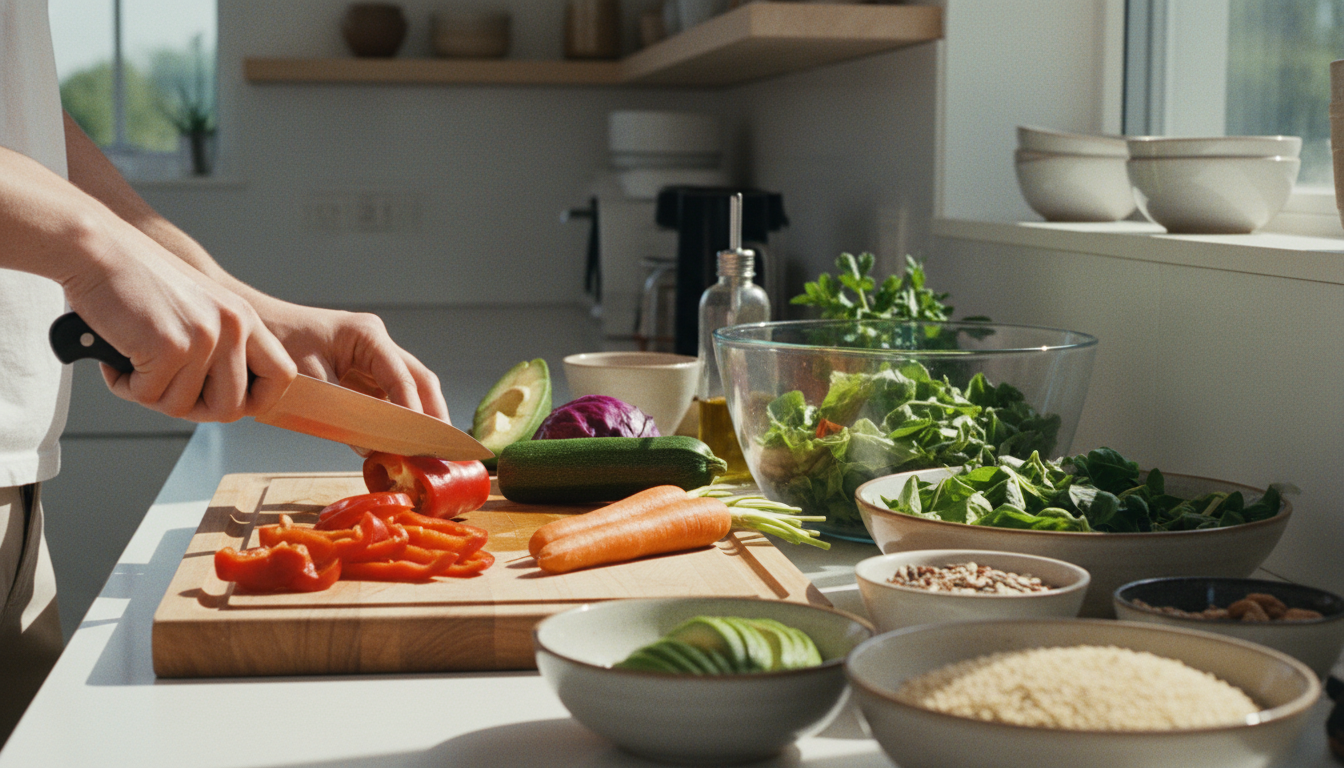 A kitchen setting with diverse healthy foods and a person preparing a mindful meal, professional photography style