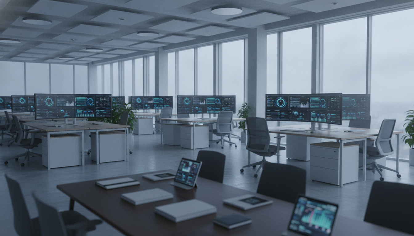 emoções decisões — A modern office with people analyzing dashboards, soft natural lighting, professional photography style
