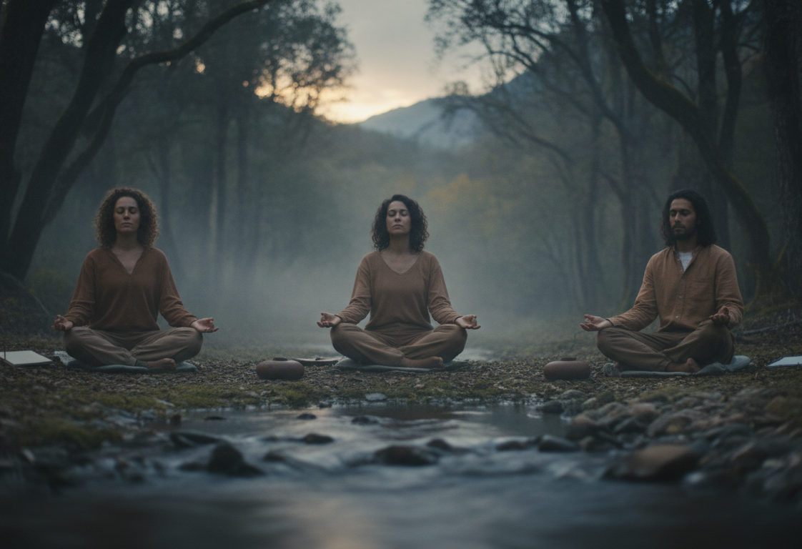 People practicing mindfulness in a serene natural setting, soft focus, natural colors