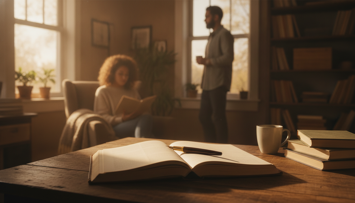 A journal open on a desk with a pen, warm lighting, cozy atmosphere