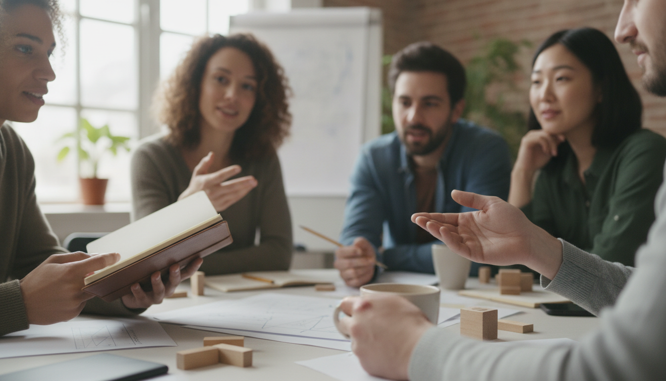 Erros Comuns ao Usar Terapias Cognitivo-Comportamentais 5 A diverse group of therapists in a workshop, exchanging ideas and discussing case studies, with a collaborative atmosphere