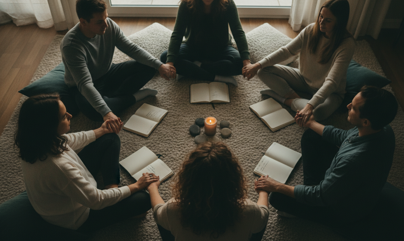 Resiliência Emocional: Desenvolvendo Força Interior com Psicologia Positiva 6 A diverse group of friends supporting each other during a group therapy session, with a focus on empathy and connection