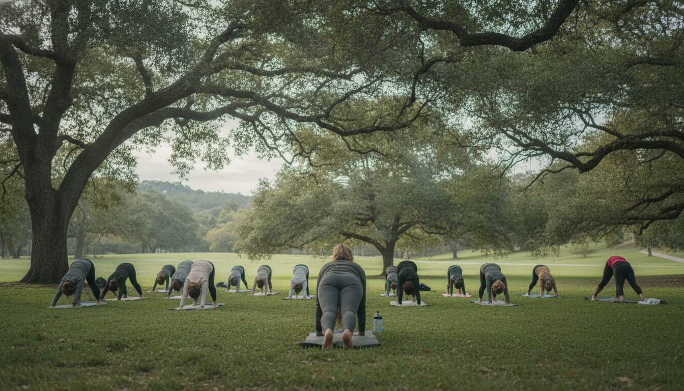 Exercícios Físicos e Saúde Mental: Uma Conexão Essencial 4 exercícios físicos saúde mental — A group of adults participating in a yoga class in a serene park setting, with trees and sunlight creating a calming atmosphere