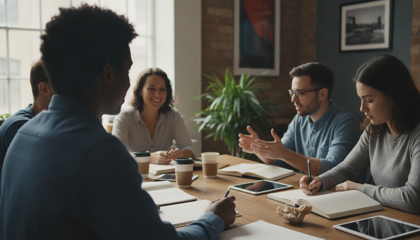 neurodiversidade — A group of diverse people sitting around a table, discussing ideas, with notebooks and coffee cups, bright natural lighting, professional setting