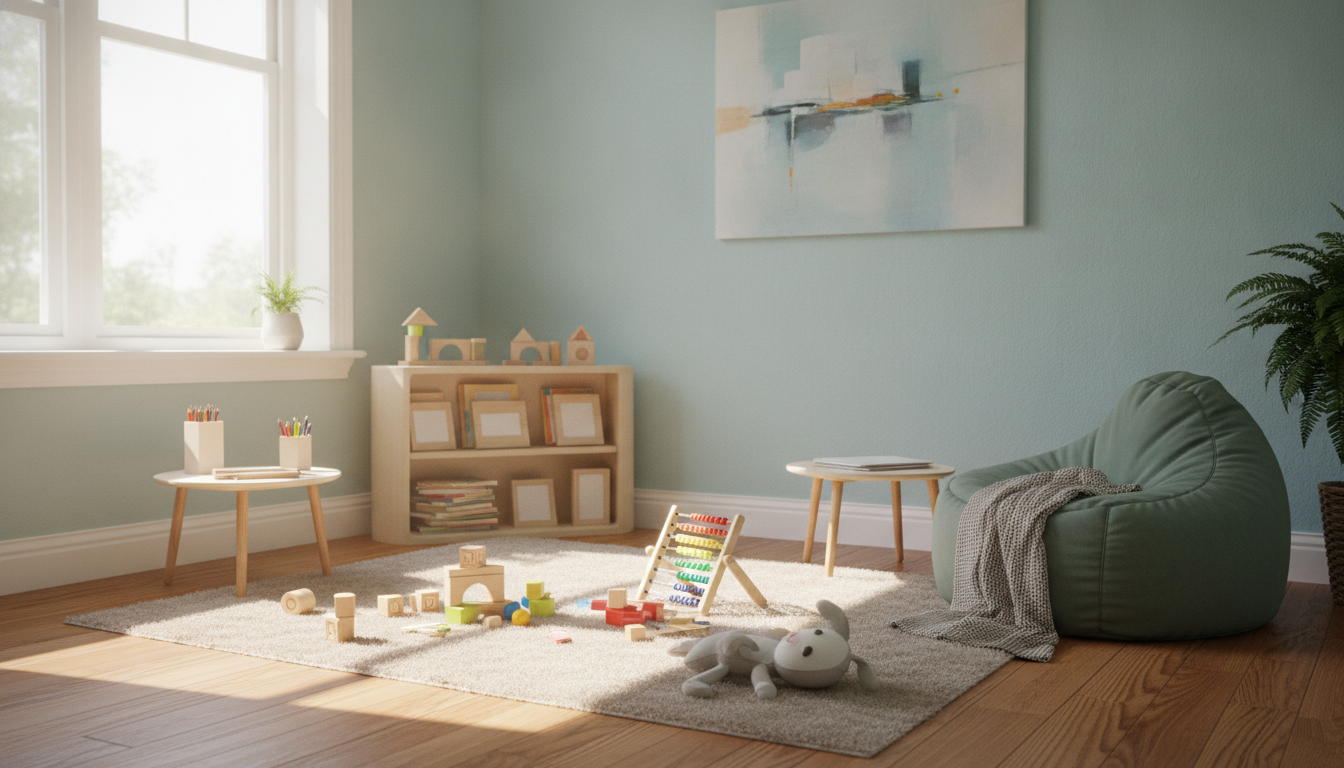 A therapist interacting with a child in a peaceful therapy room, with toys and books, warm lighting, friendly atmosphere