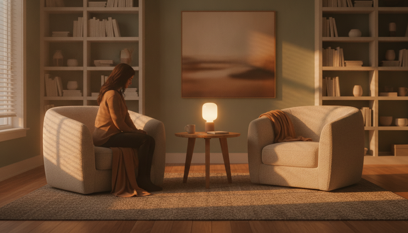 escolha terapia — A cozy therapy room with comfortable chairs and soft lighting, creating a welcoming and safe atmosphere for discussion