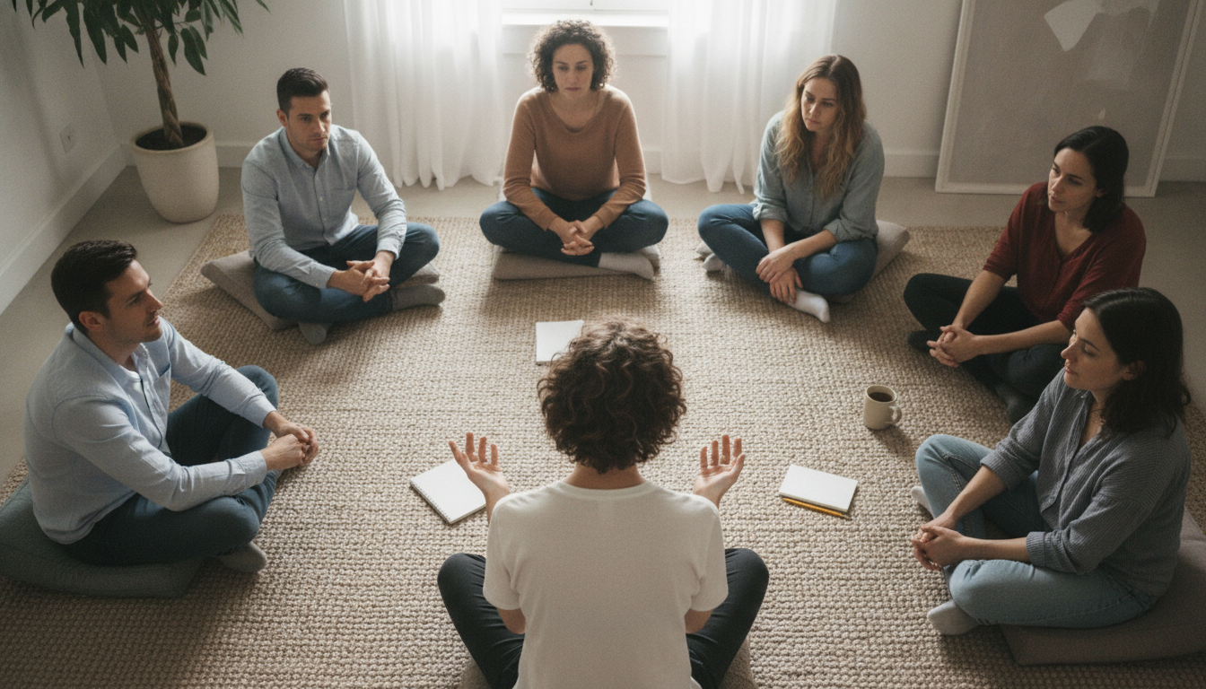 A diverse group of people sitting in a circle during a group therapy session, engaging in open discussion