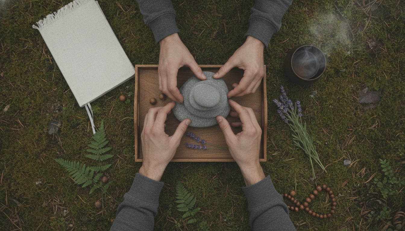 An individual practicing mindfulness in a serene outdoor setting, surrounded by nature, conveying relaxation and mental clarity