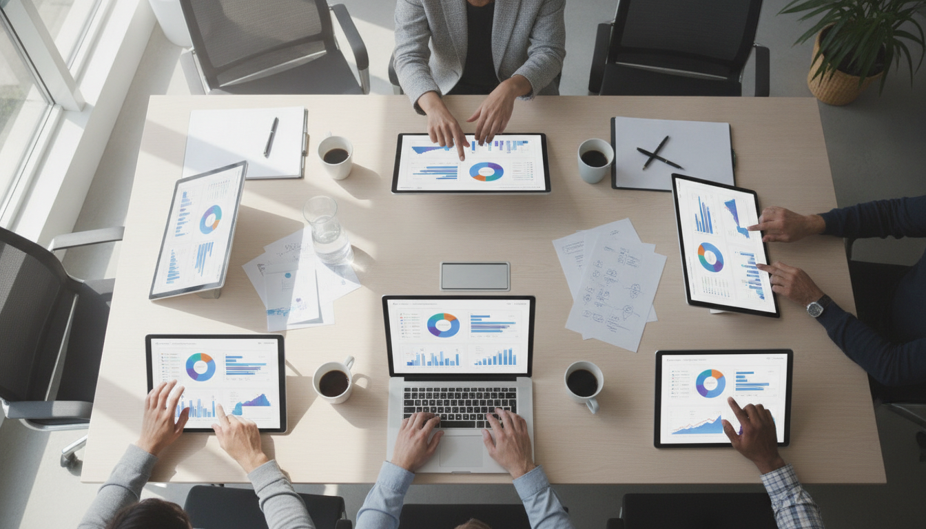 psicologia digital — A modern office with people analyzing dashboards, soft natural lighting, professional photography style