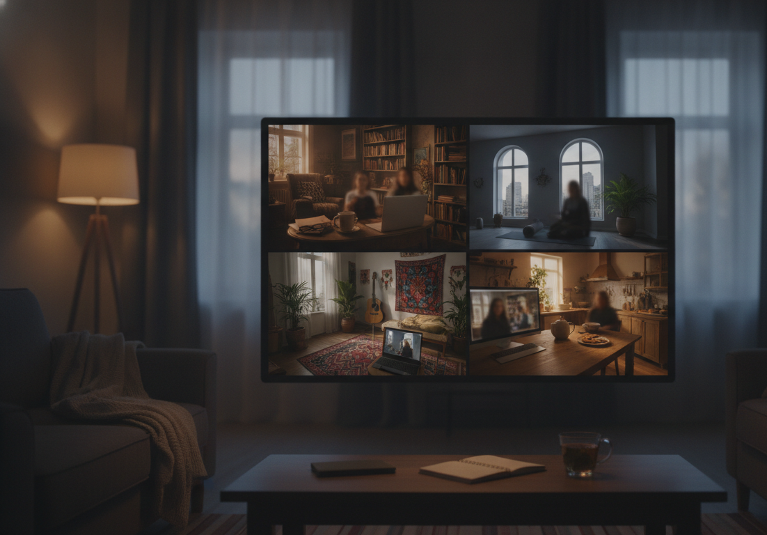 A diverse group of people engaging in a virtual therapy session, each in their unique home environment