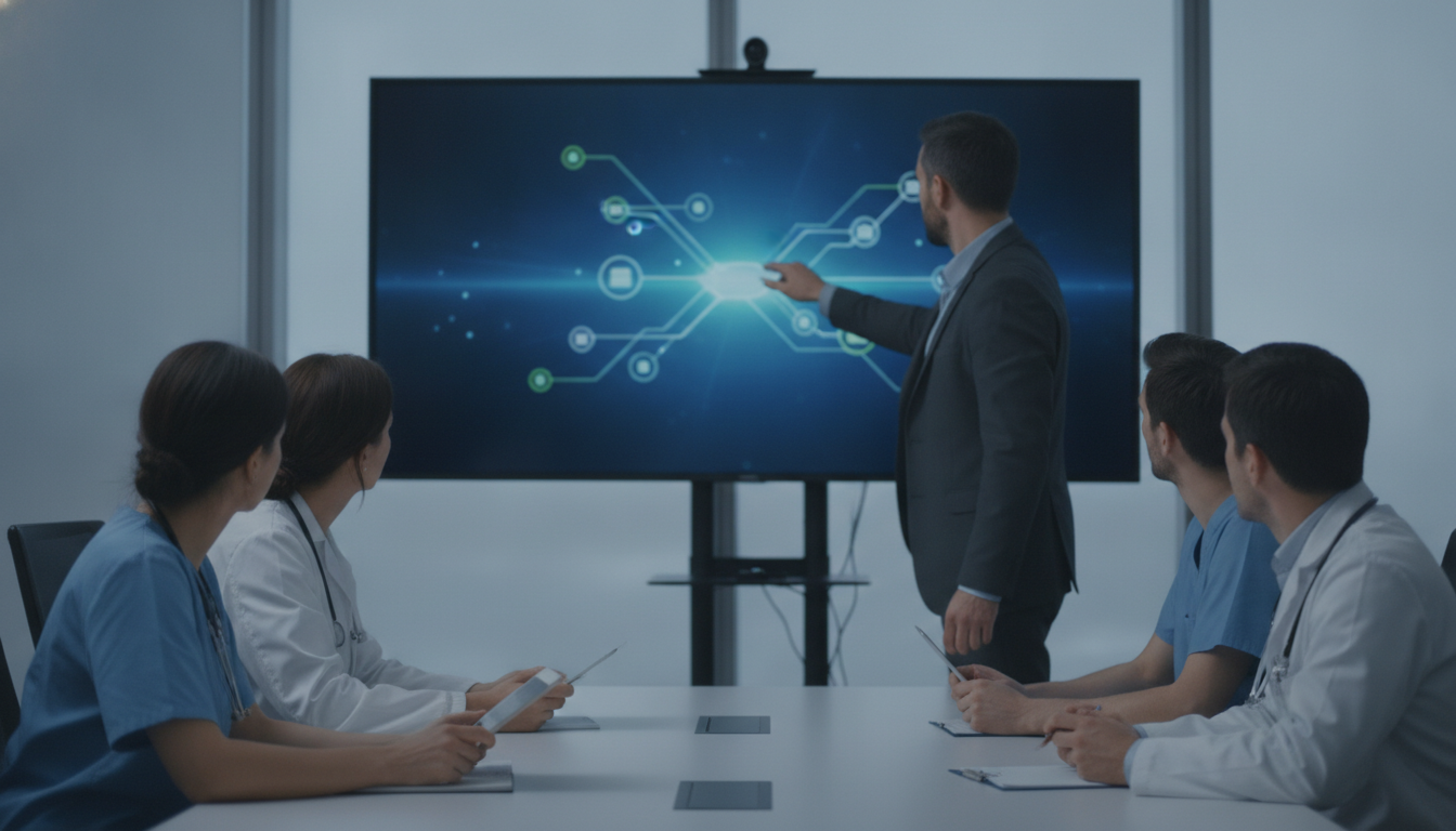 A cybersecurity expert explaining data protection measures to a group of healthcare professionals