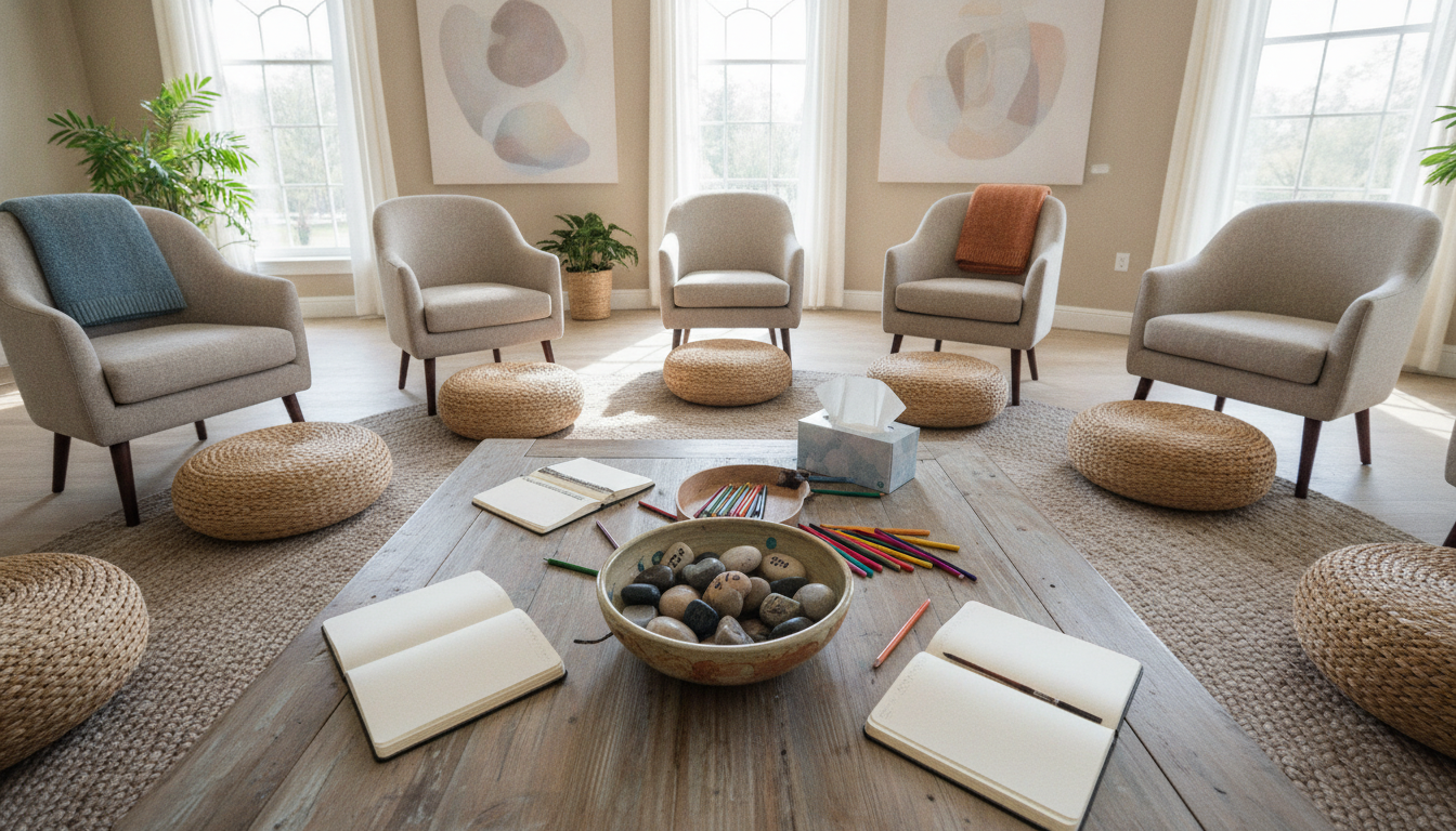 Espaço Seguro: Como Criar um Ambiente para Discussões de Saúde Mental 4 A group therapy session with diverse individuals sharing experiences, supportive atmosphere, professional photography style