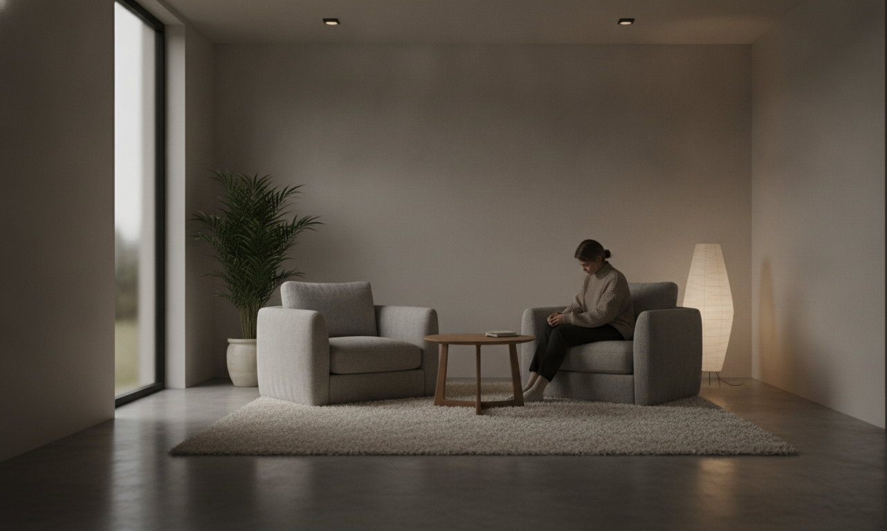 sessão de terapia cognitiva — A modern therapy room with comfortable seating, neutral tones, and calming lighting