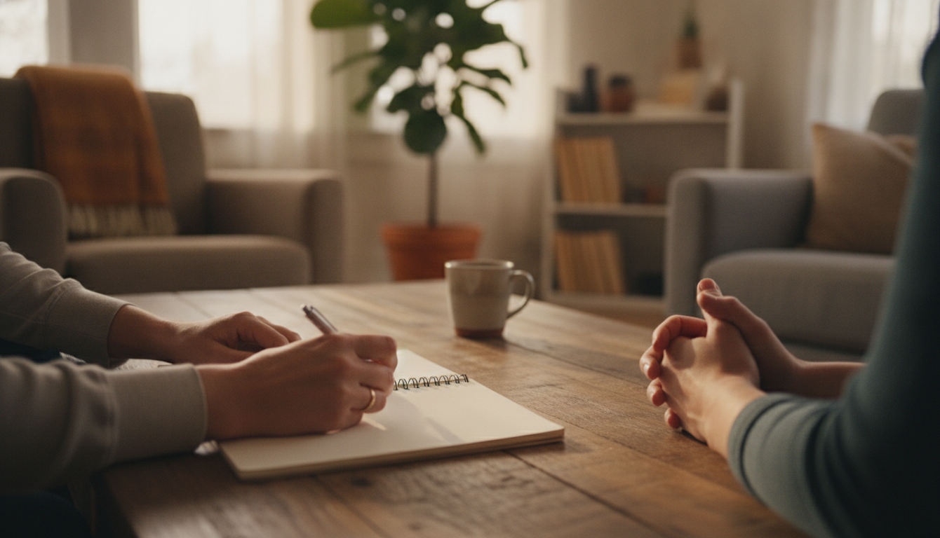 A therapist and patient in a discussion, with the therapist taking notes, warm and inviting therapy room setting