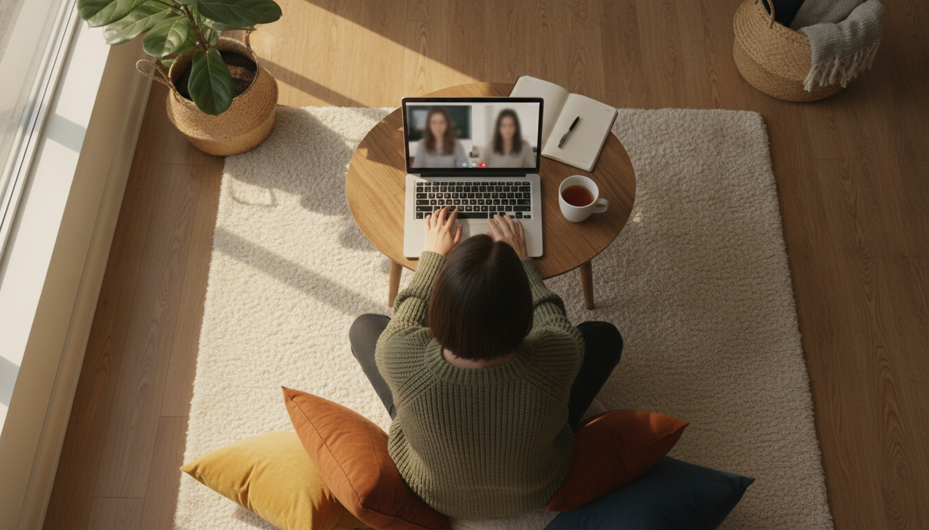 acesso à terapia — A person using a laptop for a teletherapy session, in a cozy home environment, with warm lighting and a professional setup