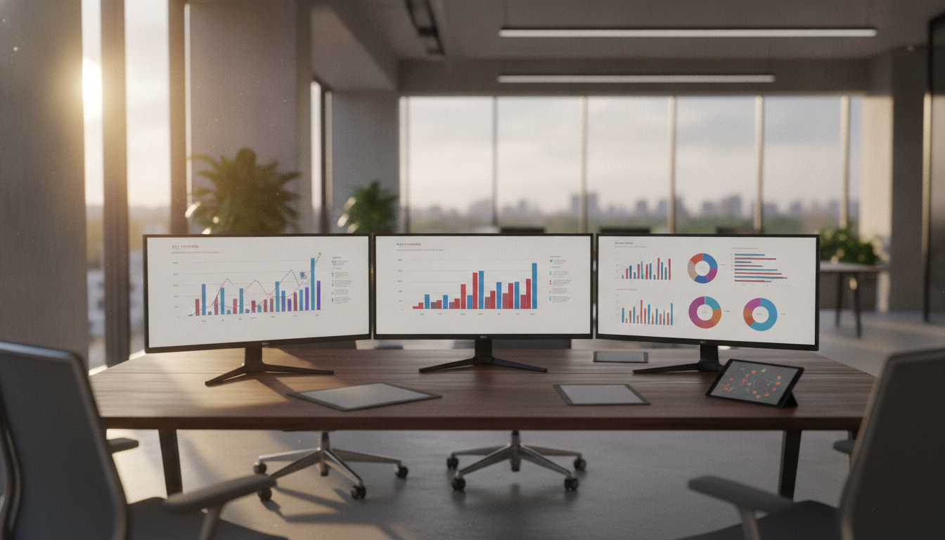 A modern office with people analyzing dashboards, soft natural lighting, professional photography style