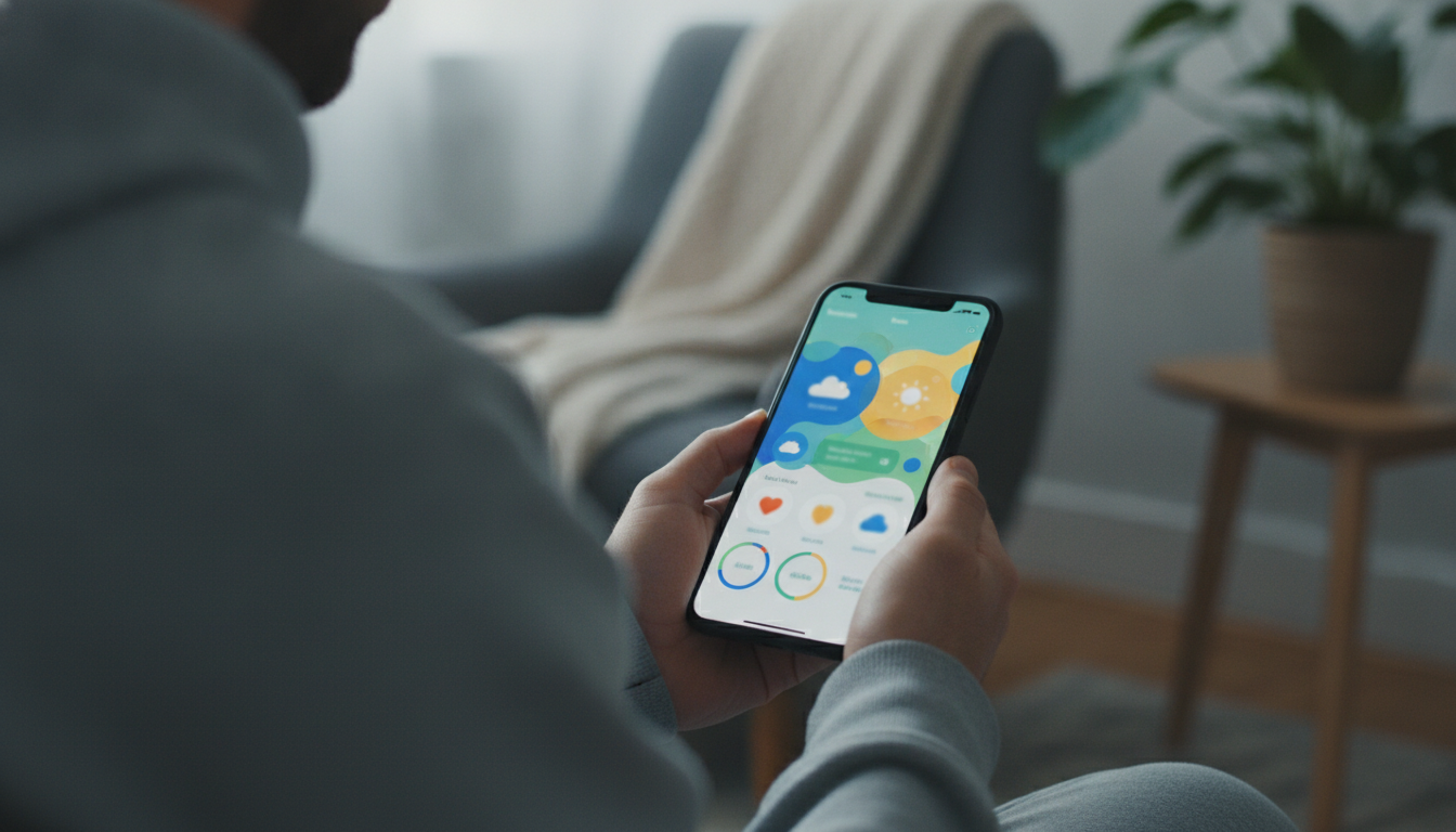 A close-up of a smartphone screen displaying a mental health app interface, colorful and user-friendly design