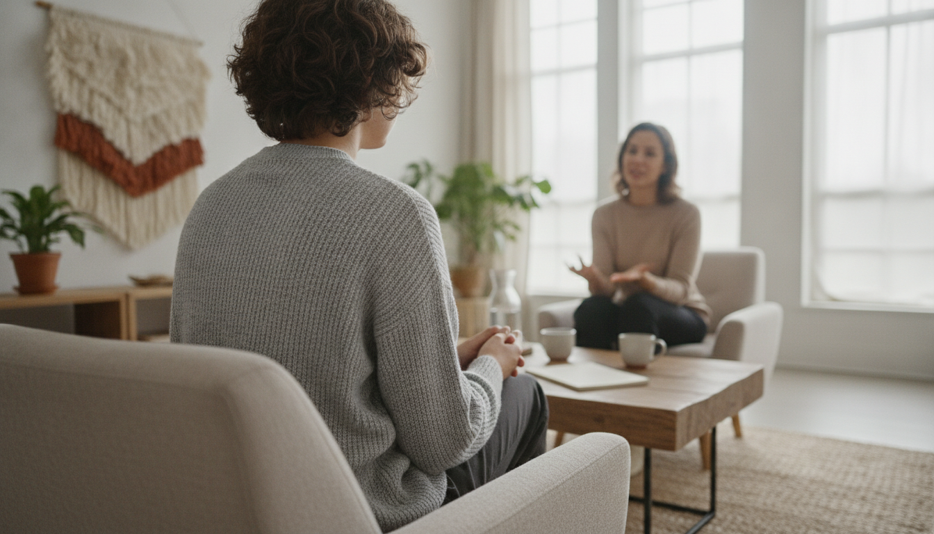 Terapia Cognitivo-Comportamental: Mitos e Verdades que Você Precisa Saber 4 Terapia Cognitivo-Comportamental — A therapist sitting with a patient in a comfortable, modern therapy room, both engaged in conversation, bright and welcoming atmosphere