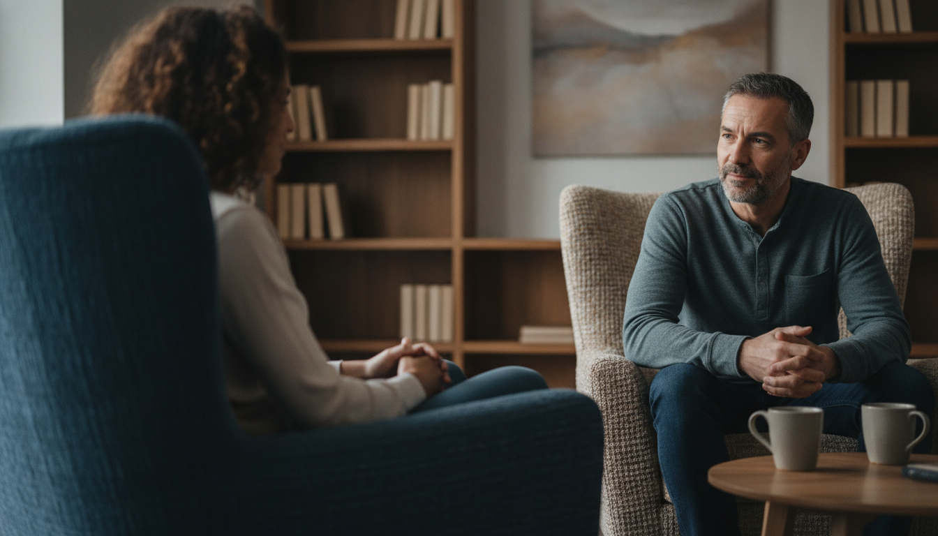 Fracasso em Terapia: Como Superar e Seguir em Frente 2 fracasso em terapia — A calm and inviting therapy room with comfortable chairs and soft lighting, professional photography style