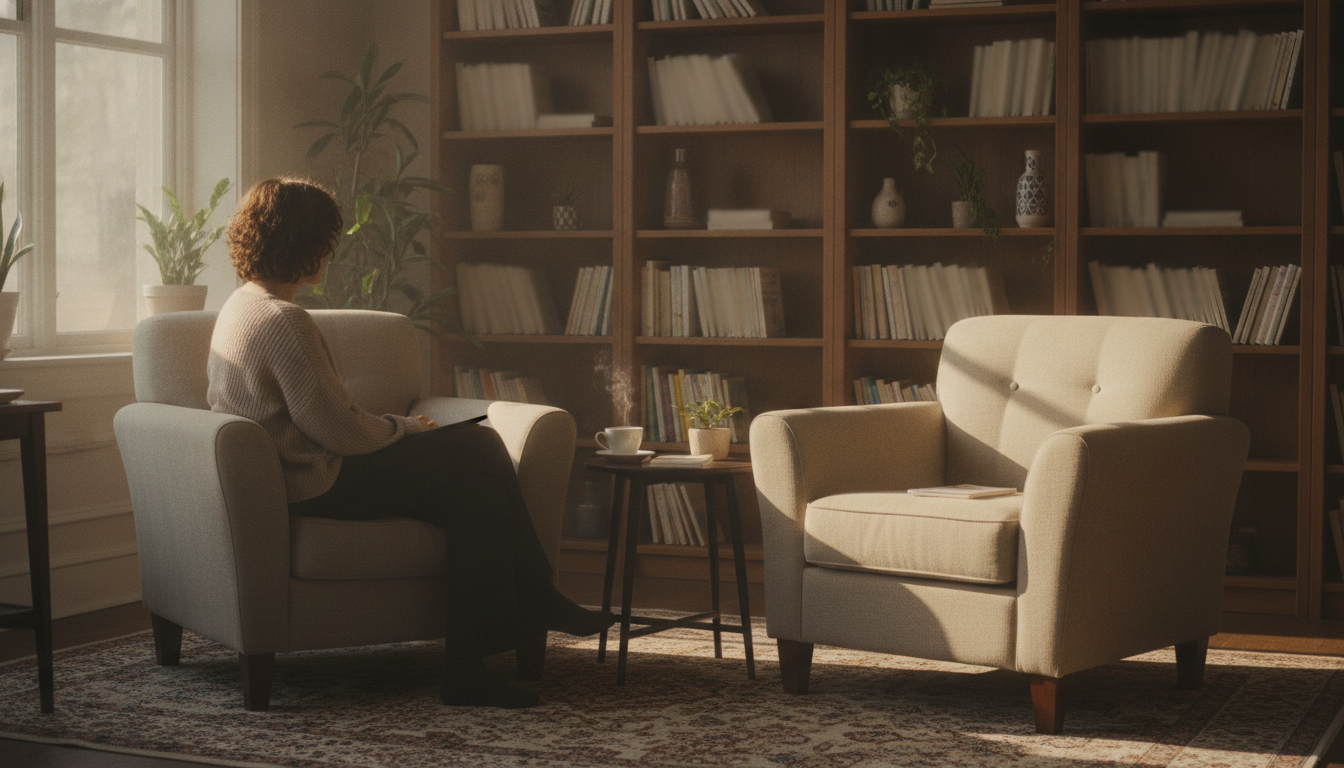 tratamento saúde mental — A cozy therapy room with two armchairs facing each other, warm lighting, and a bookshelf in the background, professional photography style