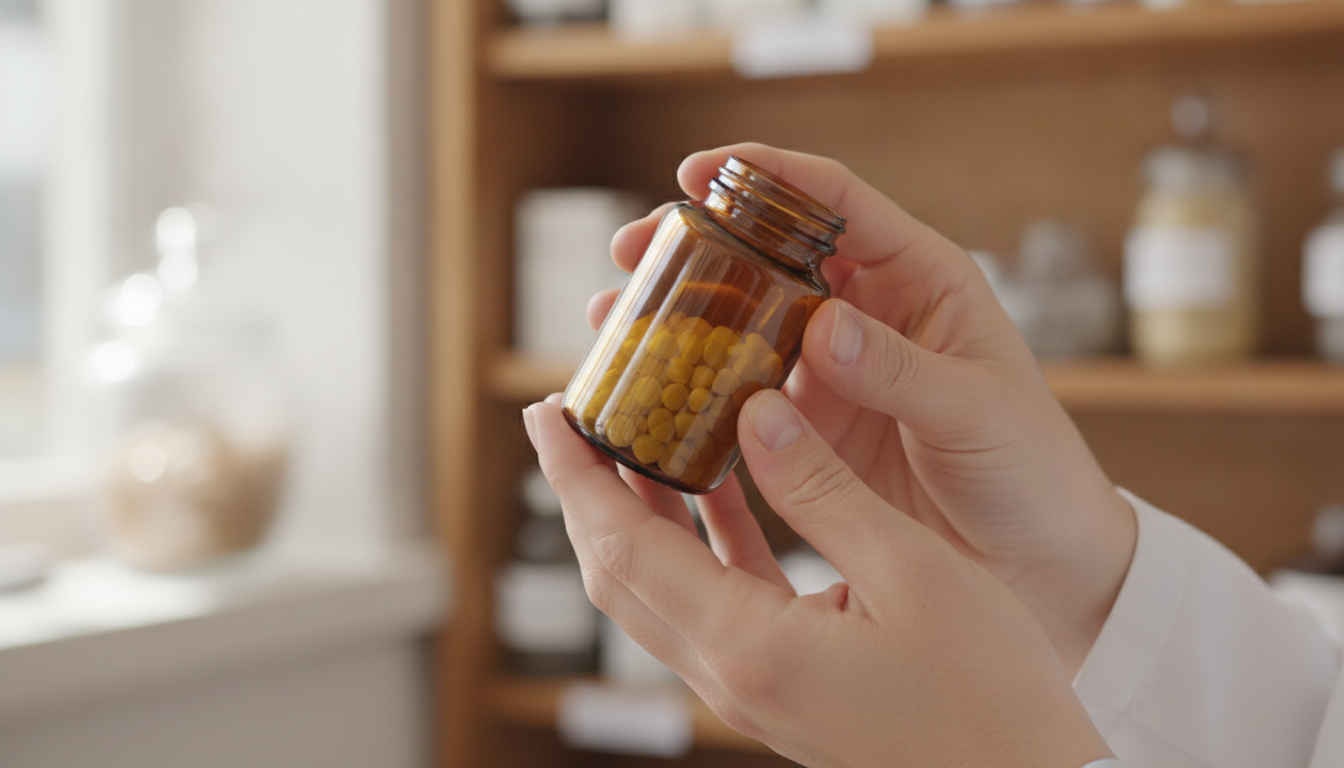A pharmacist holding a bottle of pills with a blurred background of a pharmacy, natural lighting, professional photography style