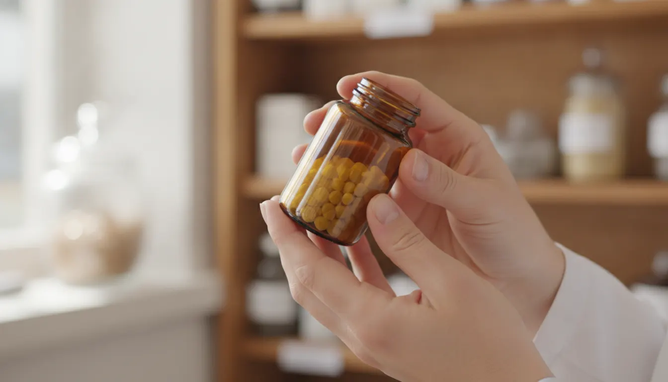 Farmacêutico segurando um frasco de comprimidos, com farmácia desfocada ao fundo e luz natural