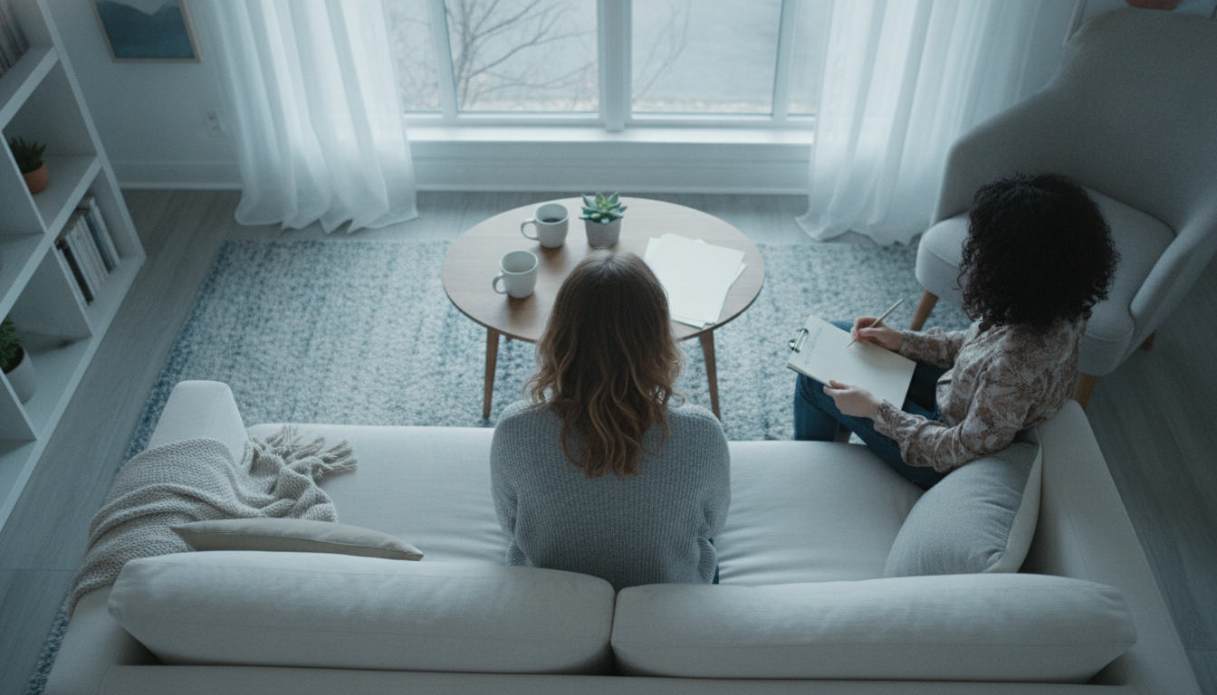A person sitting on a sofa speaking with a therapist taking notes, bright and cozy room, professional photography style