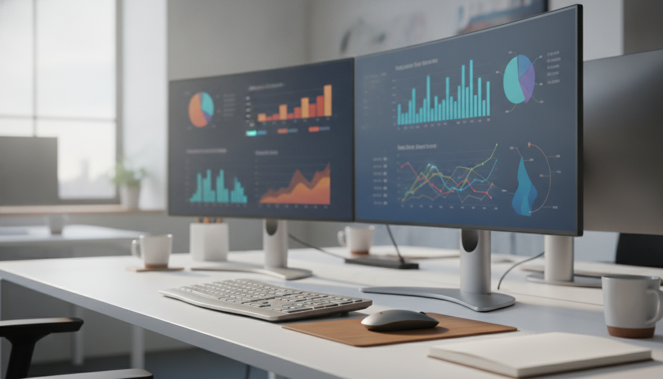 escolher psicólogo — A modern office with people analyzing dashboards, soft natural lighting, professional photography style