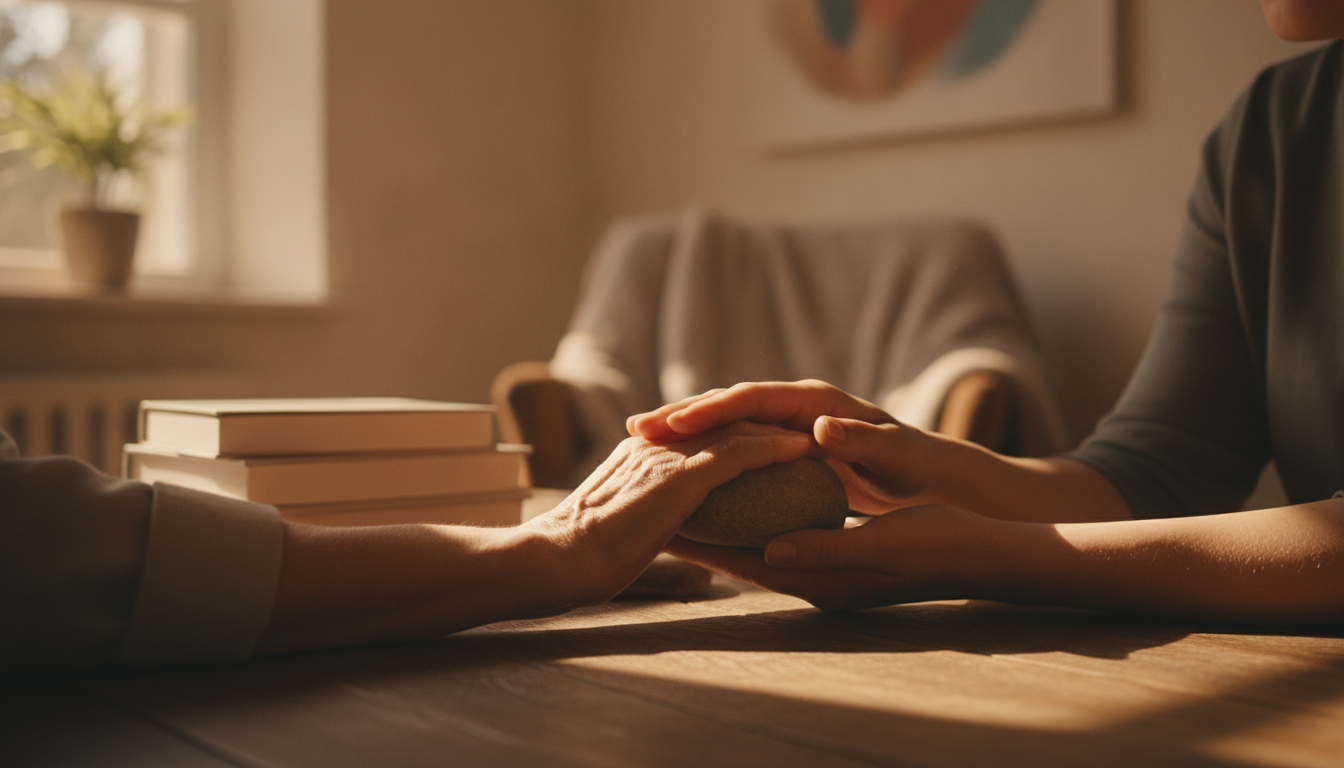 A serene therapy session with a patient and psychologist in a warmly lit room, focusing on a supportive environment