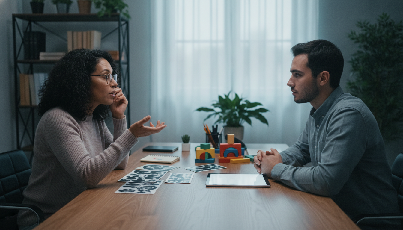 Diagnóstico Psicológico: Evite Erros Comuns 4 diagnóstico psicológico — A professional psychologist's office with various diagnostic tools on a desk, natural lighting, realistic photography style