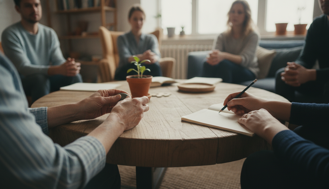 Diagnóstico Psicológico: Evite Erros Comuns 5 A diverse group of people in a therapy session, showing engagement and interaction, warm lighting, candid photography style