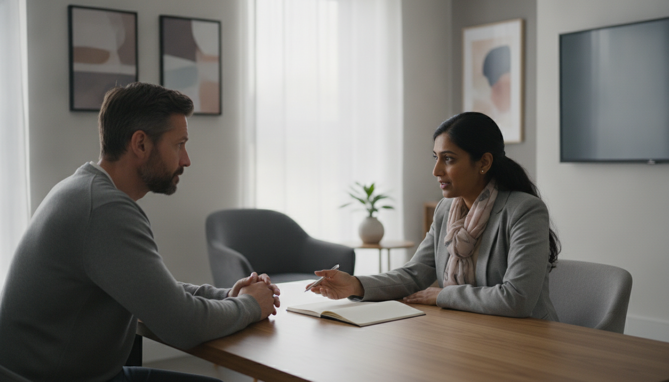 Diagnóstico Psicológico: Evite Erros Comuns 6 A modern clinic environment with a psychologist discussing treatment plans with a patient, professional setting, clear lighting