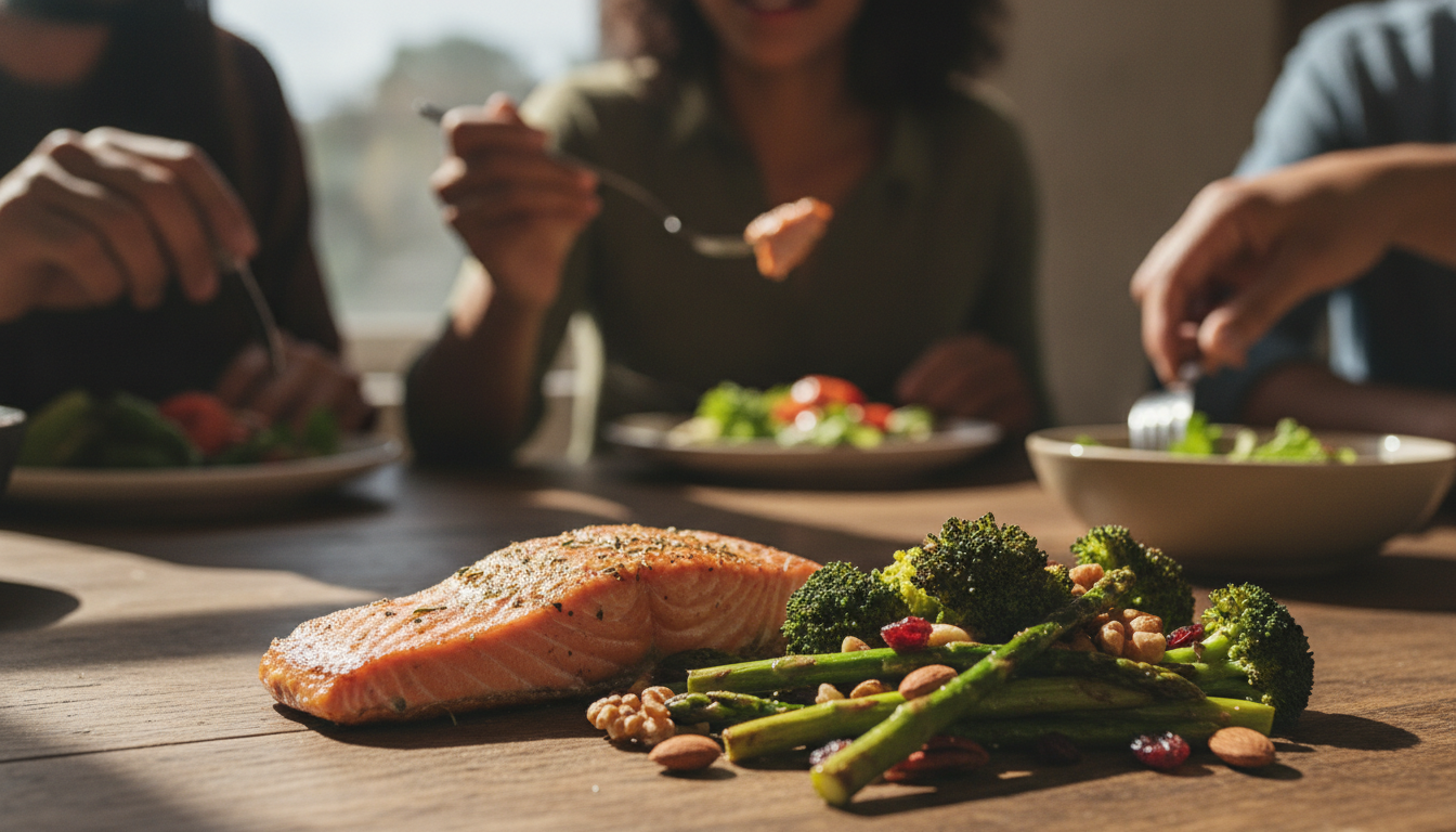 Melhorar Concentração: Estratégias Essenciais para o Dia a Dia 4 A healthy meal with salmon, vegetables, and nuts, bright natural lighting, food photography style