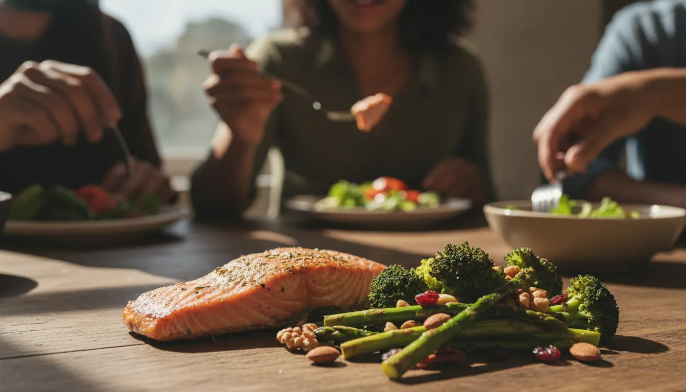 Refeição saudável com salmão, legumes e castanhas, sob luz natural, em estilo de fotografia gastronômica