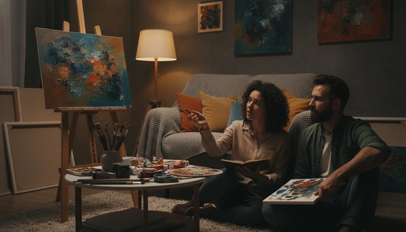 Arte Terapia: Como Usar Técnicas de Arte para Melhorar a Saúde Mental 3 arte terapia — A cozy therapy room with art supplies and paintings on the wall, inviting atmosphere, professional photography style