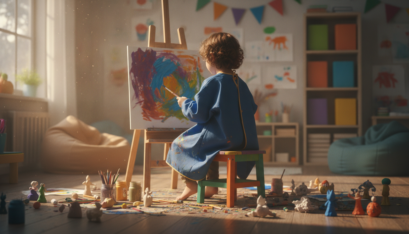 Arte Terapia: Como Usar Técnicas de Arte para Melhorar a Saúde Mental 4 Children engaged in art therapy activities, colorful setting, cheerful atmosphere, professional photography style